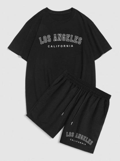 Los Angeles Letter Tee And Drawstring Shorts-My 3D Hoodie