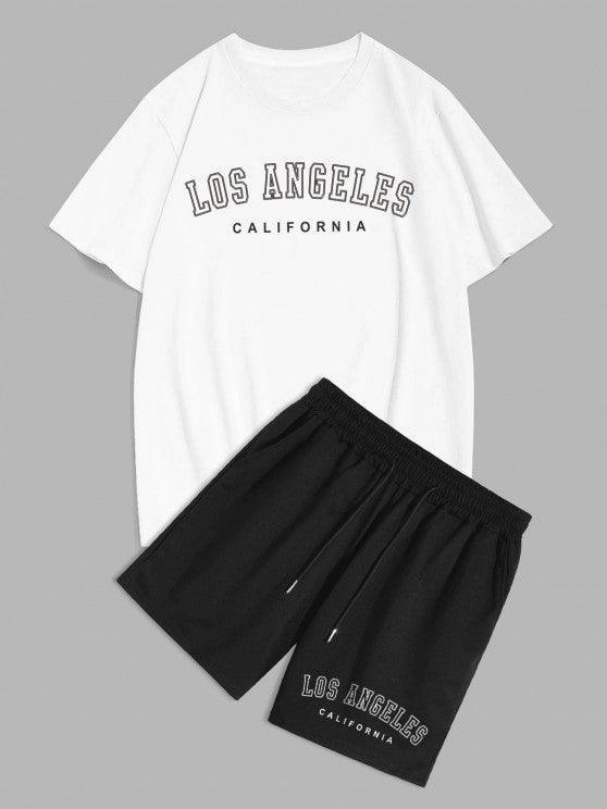Los Angeles Letter Tee And Drawstring Shorts-My 3D Hoodie