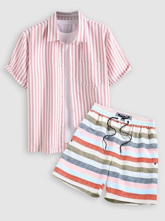 Short Sleeves Vertical Stripe Shirt With Striped Shorts Set-My 3D Hoodie