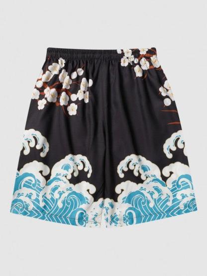 Sea Waves And Flower Print Kimono Shorts Set-My 3D Hoodie
