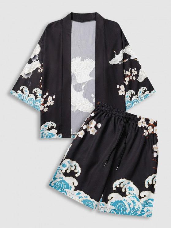 Sea Waves And Flower Print Kimono Shorts Set-My 3D Hoodie