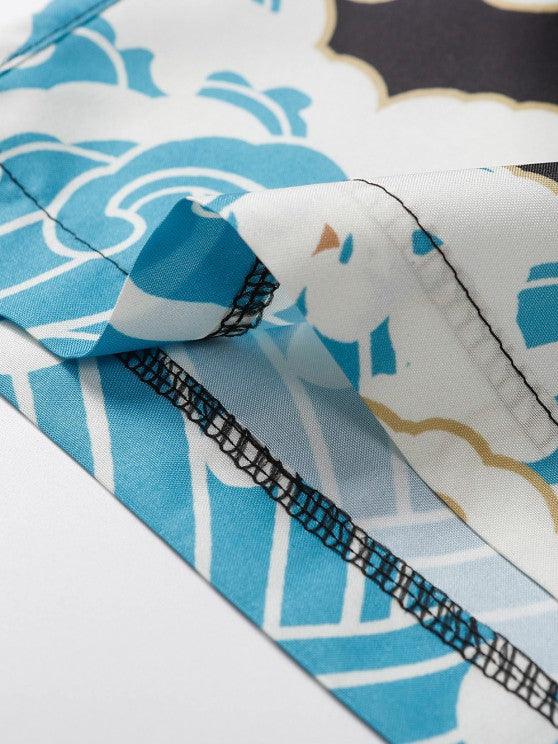 Sea Waves And Flower Print Kimono Shorts Set-My 3D Hoodie