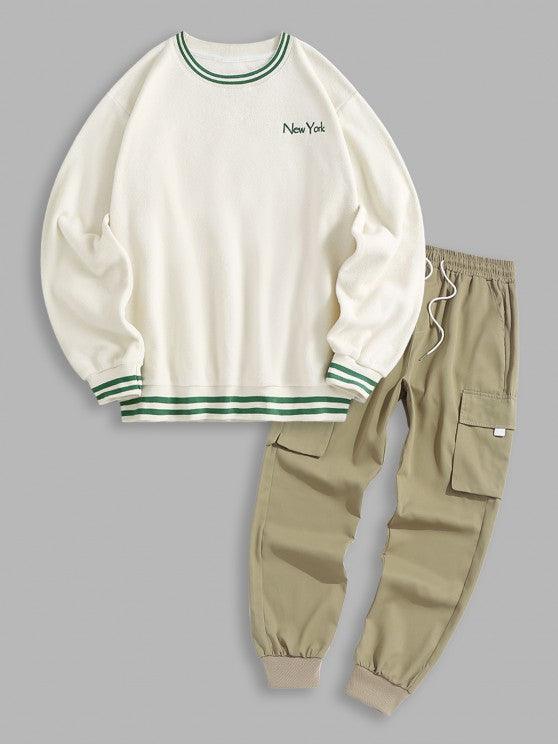 Striped Trim Printed Casual Sweatshirt And Pants-My 3D Hoodie