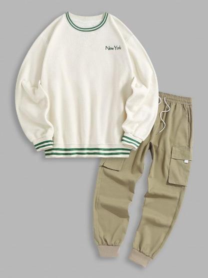 Striped Trim Printed Casual Sweatshirt And Pants-My 3D Hoodie