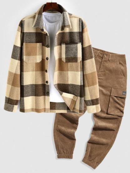 Plaid Pattern Double Pockets Shacket And Pants-My 3D Hoodie