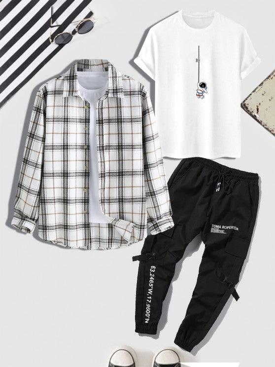 3 Pieces Graphic Print T Shirt And Shirt And Cargo Jogger Pants Set - My 3D Hoodie