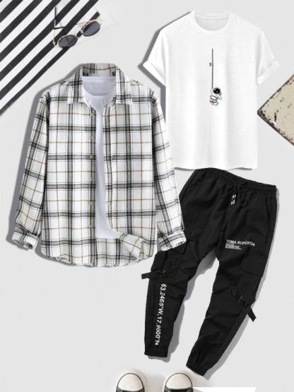 3 Pieces Graphic Print T Shirt And Shirt And Cargo Jogger Pants Set - My 3D Hoodie