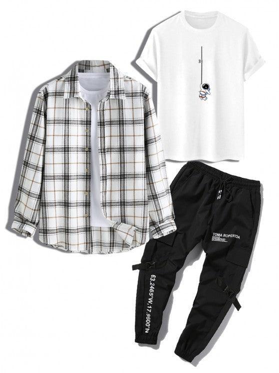3 Pieces Graphic Print T Shirt And Shirt And Cargo Jogger Pants Set - My 3D Hoodie