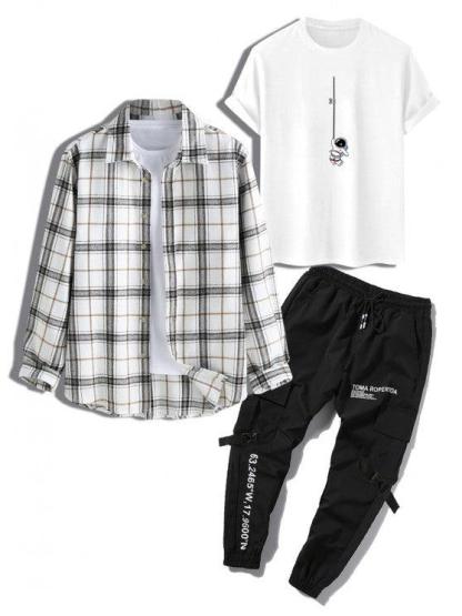3 Pieces Graphic Print T Shirt And Shirt And Cargo Jogger Pants Set - My 3D Hoodie