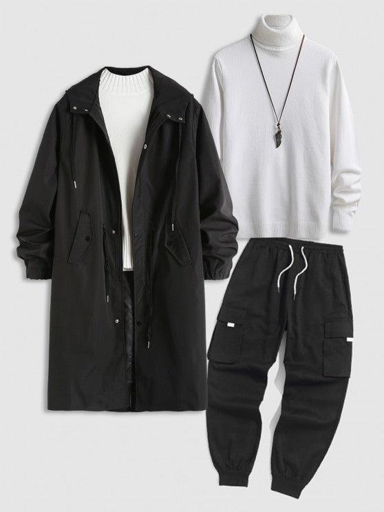 3 Pieces Hooded Trench Coat Sweater Cargo Pants Set - My 3D Hoodie