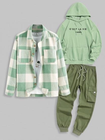 Wool Blend Shacket And Hoodie And Casual Cargo Pants Set-My 3D Hoodie