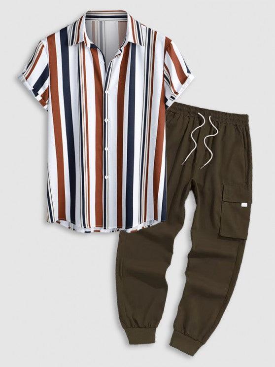 Stripes Printed Shirt And Tech Wear Cargo Pants Set-My 3D Hoodie