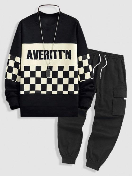 Letter Checkerboard Pattern Pullover Sweatshirt And Pants-My 3D Hoodie