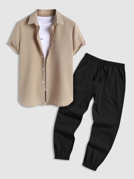 Textured Shirt And Cargo Jogger Pants Set-My 3D Hoodie