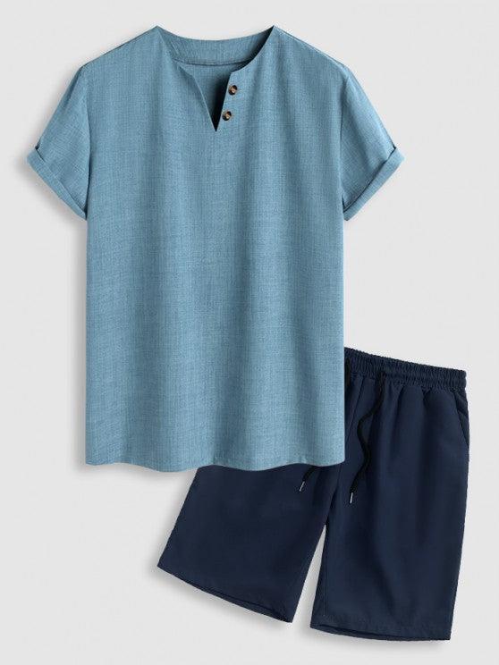 Notch Collar T Shirt With Solid Colored Shorts-My 3D Hoodie
