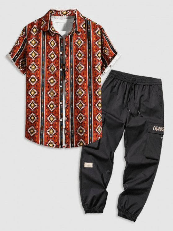 Geometric Pattern Shirt And Cargo Pants Set-My 3D Hoodie