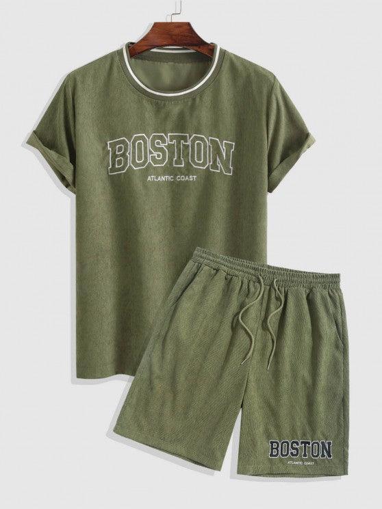 Boston Embroidered Tee And Shorts Set-My 3D Hoodie