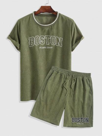 Boston Embroidered Tee And Shorts Set-My 3D Hoodie