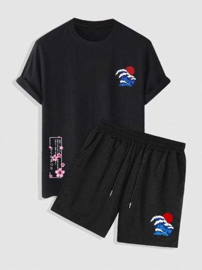 Sea Wave Sun Print T Shirt With Casual Shorts Set-My 3D Hoodie
