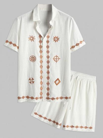 Geometric Embroidered Shirt And Shorts Set-My 3D Hoodie