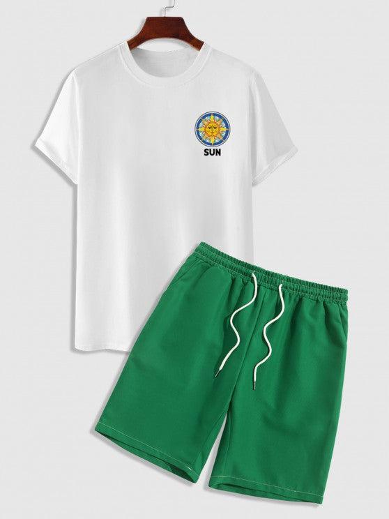 Sun Print T Shirt And Solid Colored Shorts Set-My 3D Hoodie