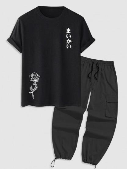 Rose Graphic Printed T Shirt With Cargo Pants Set-My 3D Hoodie