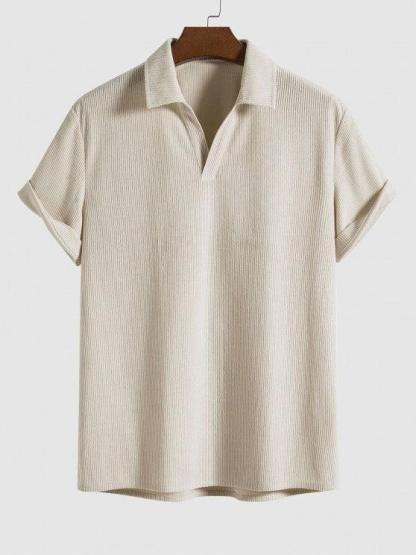 Solid Color Plain Shirt And Drawstring Corduroy Shorts Set-My 3D Hoodie
