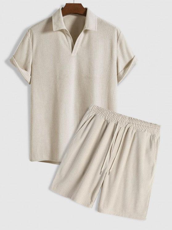 Solid Color Plain Shirt And Drawstring Corduroy Shorts Set-My 3D Hoodie