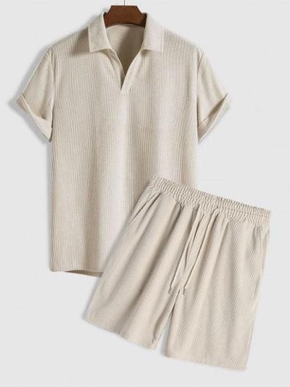 Solid Color Plain Shirt And Drawstring Corduroy Shorts Set-My 3D Hoodie