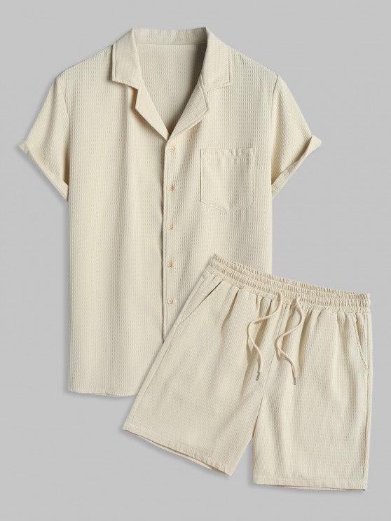 Textured Pocket Shirt And Bermuda Shorts Set-My 3D Hoodie
