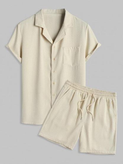 Textured Pocket Shirt And Bermuda Shorts Set-My 3D Hoodie