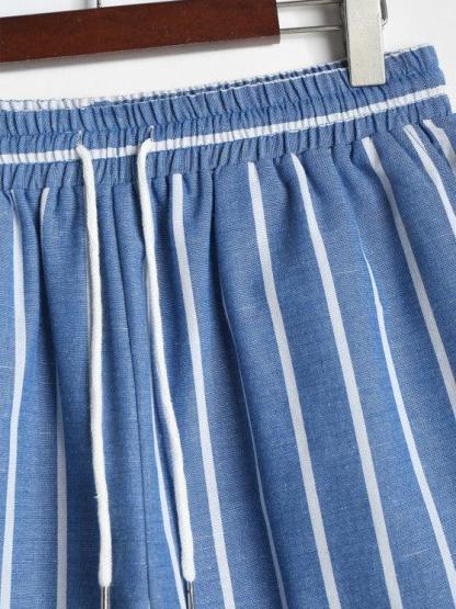 Collar Striped Short Sleeves Popover Shirt With Drawstring Shorts Set-My 3D Hoodie