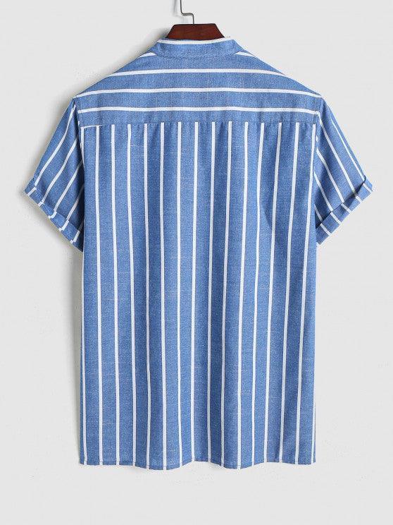 Collar Striped Short Sleeves Popover Shirt With Drawstring Shorts Set-My 3D Hoodie