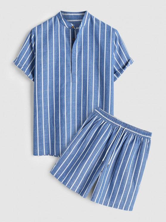 Collar Striped Short Sleeves Popover Shirt With Drawstring Shorts Set-My 3D Hoodie