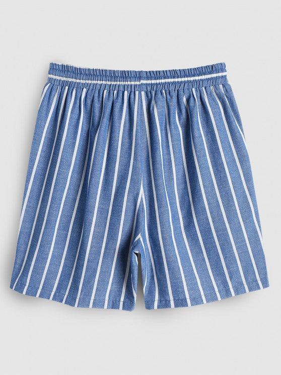 Collar Striped Short Sleeves Popover Shirt With Drawstring Shorts Set-My 3D Hoodie