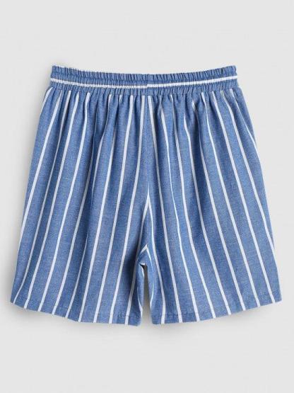 Collar Striped Short Sleeves Popover Shirt With Drawstring Shorts Set-My 3D Hoodie