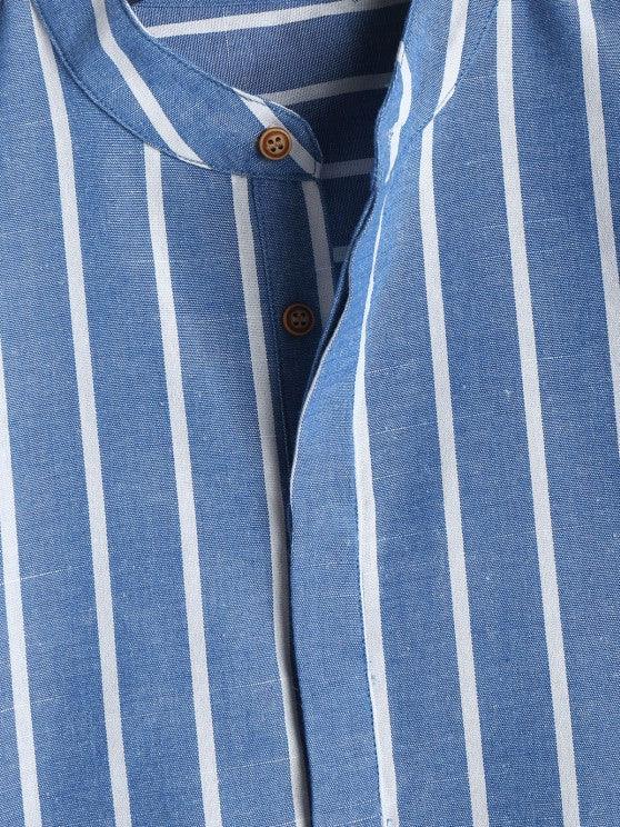 Collar Striped Short Sleeves Popover Shirt With Drawstring Shorts Set-My 3D Hoodie