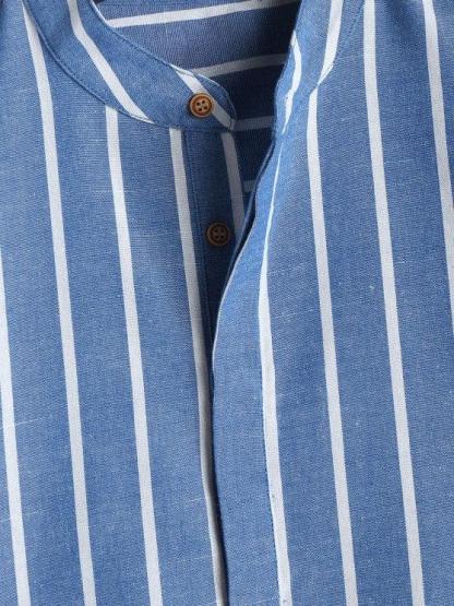 Collar Striped Short Sleeves Popover Shirt With Drawstring Shorts Set-My 3D Hoodie