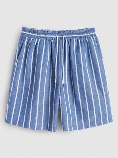 Collar Striped Short Sleeves Popover Shirt With Drawstring Shorts Set-My 3D Hoodie