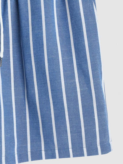 Collar Striped Short Sleeves Popover Shirt With Drawstring Shorts Set-My 3D Hoodie