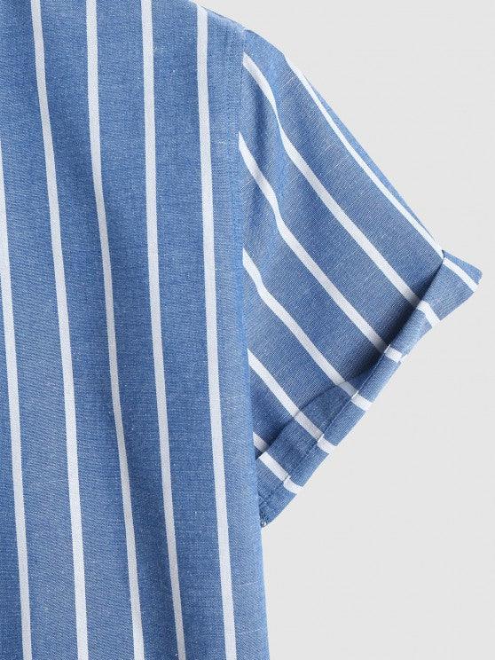 Collar Striped Short Sleeves Popover Shirt With Drawstring Shorts Set-My 3D Hoodie