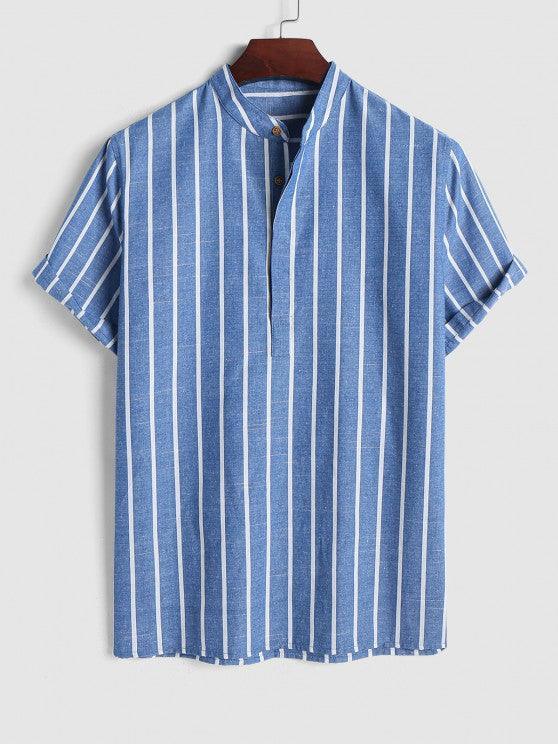 Collar Striped Short Sleeves Popover Shirt With Drawstring Shorts Set-My 3D Hoodie
