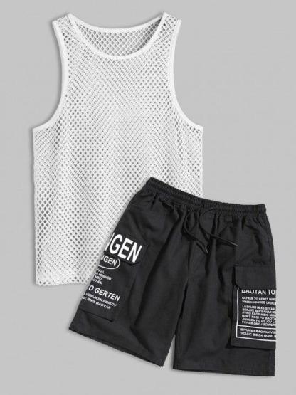 Openwork Sleeveless Top And Cargo Shorts Set-My 3D Hoodie