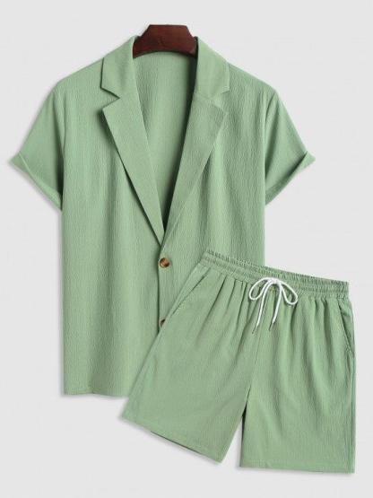 Plain Short Sleeves Shirt And Drawstring Bermuda Shorts Casual Set-My 3D Hoodie