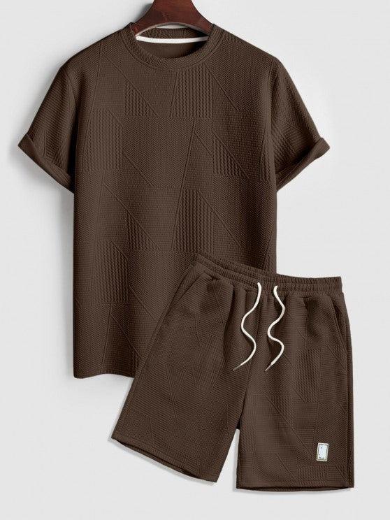 Short Sleeves Geometric Textured  T Shirt With Shorts-My 3D Hoodie