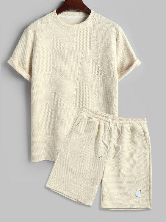 Short Sleeves Geometric Textured  T Shirt With Shorts-My 3D Hoodie