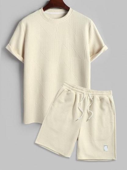 Short Sleeves Geometric Textured  T Shirt With Shorts-My 3D Hoodie