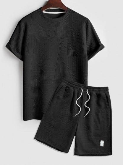 Short Sleeves Geometric Textured  T Shirt With Shorts-My 3D Hoodie
