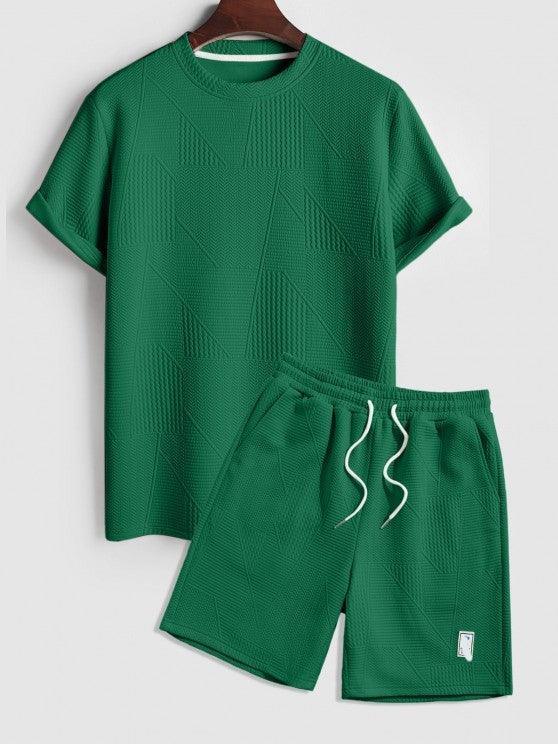 Short Sleeves Geometric Textured  T Shirt With Shorts-My 3D Hoodie