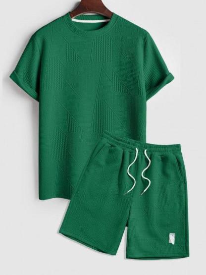 Short Sleeves Geometric Textured  T Shirt With Shorts-My 3D Hoodie